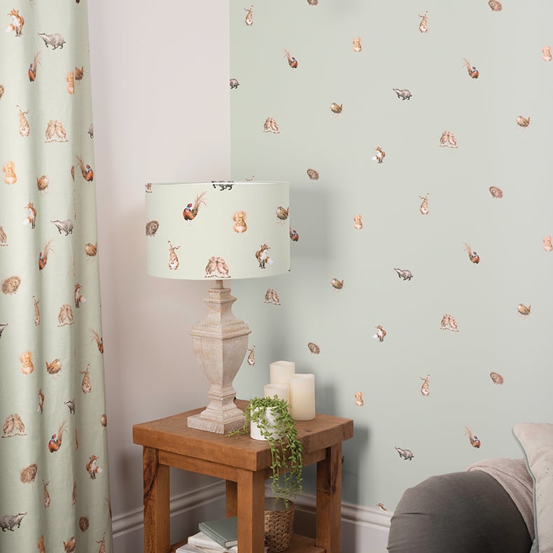 Woodlanders green Wrendale wallpaper, fabric and lampshade