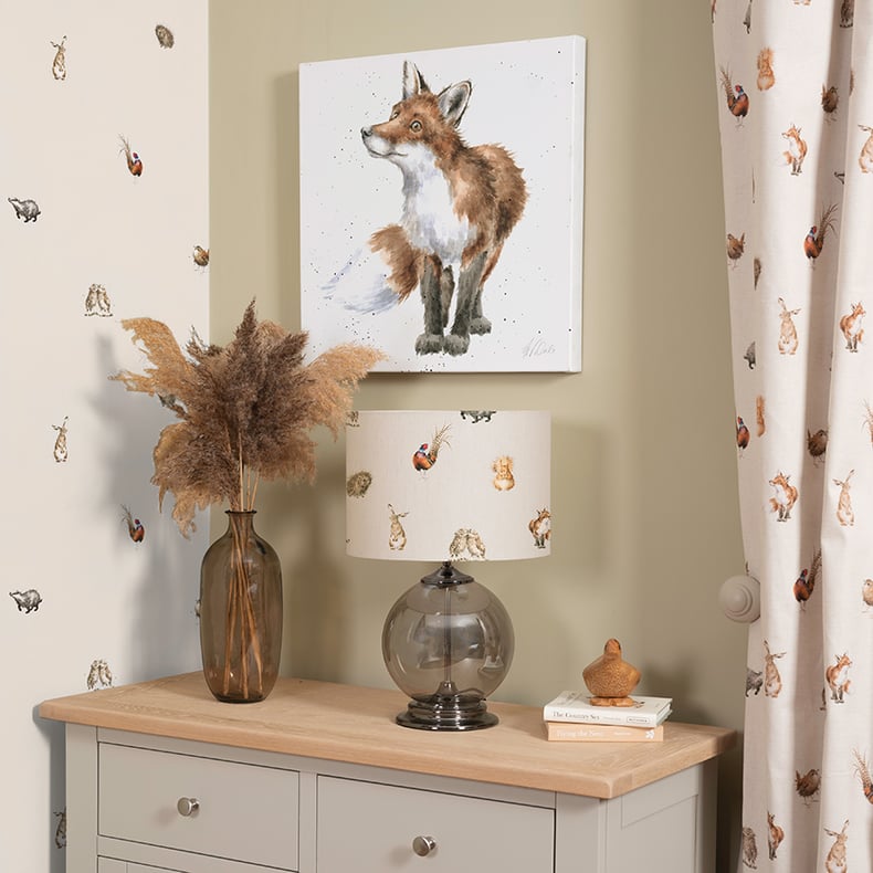 Woodland grey Wrendale wallpaper, fabric and lampshade